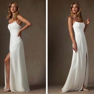 Azazie Elegant White Strapless Evening Gown with Side Slit